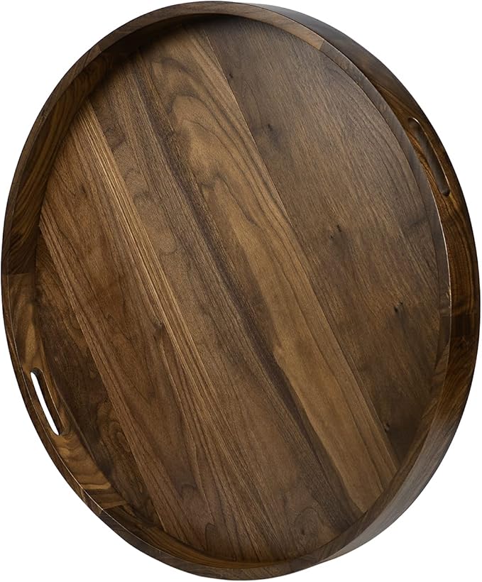 26 x 26 inches Extra Large Round Ottoman Table Tray, Wooden Solid Black Walnut Circle Platter Decorative Serving Tray with Handle for Oversized Ottoman Home Breakfast in Bed Tea Coffee