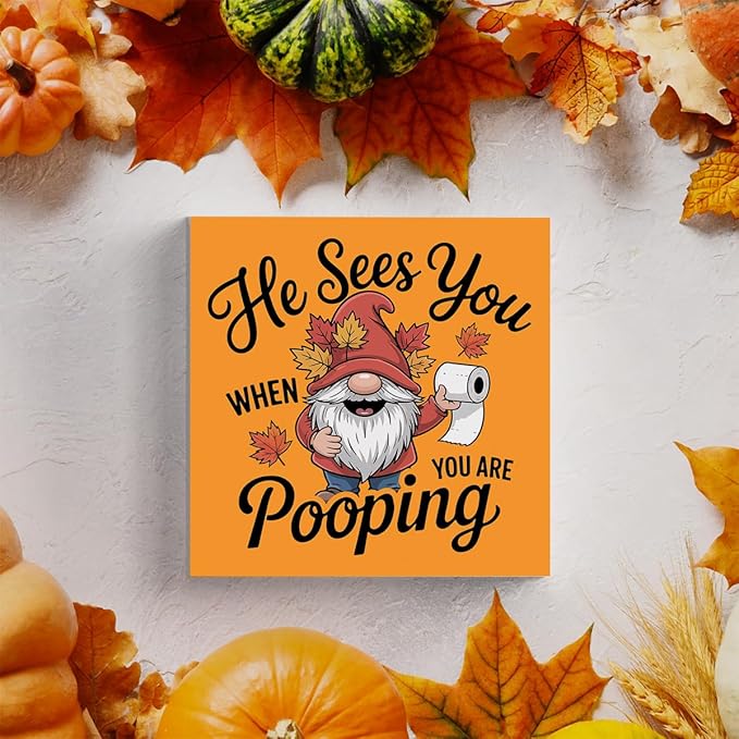 HTBIG Funny Fall Wooden Box Bathroom Sign Decor He Sees You When You Pooping Bathroom Wooden Box Decor It In The 5 x 5 Inch