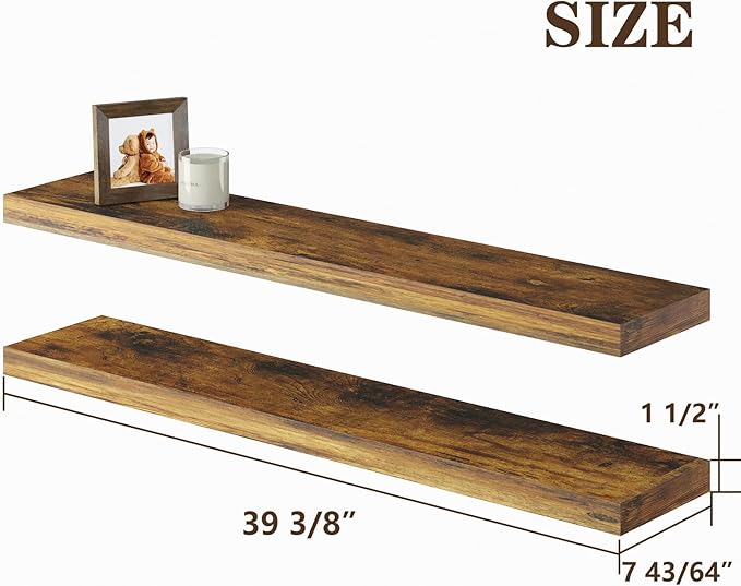 BAMEOS Floating Shelves,40 in W x 7in D Wall Mounted Wooden Shelves with Invisible Brackets Set of 2, Hanging Wall Shelves Decoration for Bedroom, Bathroom, Living Room and Kitchen,Rustic Brown