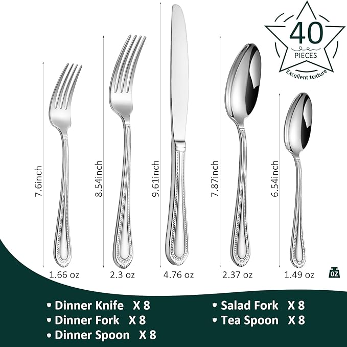 Lazycorner Silverware Set for 8, 40-Piece 18/10 Stainless Steel Flatware Set, Mirror Polished Modern Cutlery Set include Fork Knife Spoon Set(Dishwasher Safe)