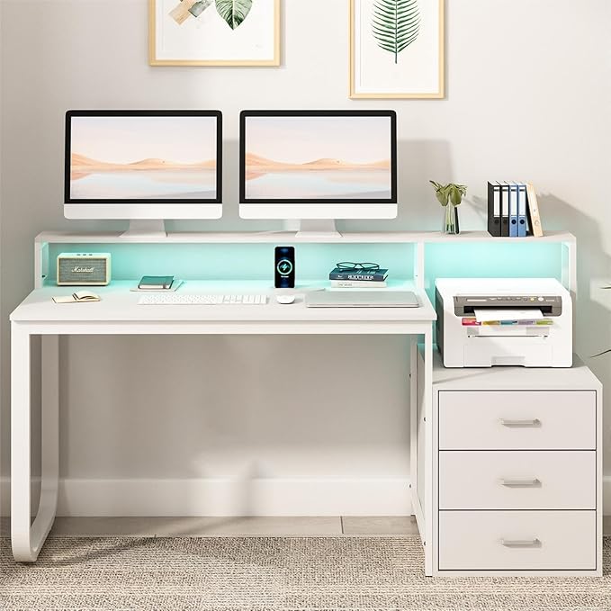 HOMBCK 67" Computer Desk with 3 Drawers, Home Office Desk with Long Monitor Stand and Printer Space, Office Desk with Storage & LED Lights, Writing Desk with Drawers, White