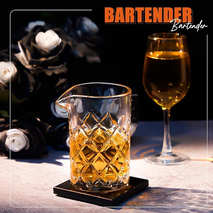 Dandat Cocktail Mixing Glass Crystal Stirring Glass Thick Bottom Seamless Cocktail Pitcher for Home Bartender Bar Whiskey Martini Drink Shaker Accessories (4 Pcs,17 oz)