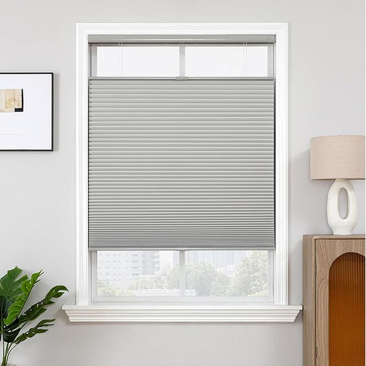 Joydeco No Tools No Drill Blinds for Indoor Windows, Cordless Window Blinds Cellular Shades Top Down Bottom Up Blackout Honeycomb Blinds Thermal Insulated Noise Reduction (Grey, 22" W x 64" H)