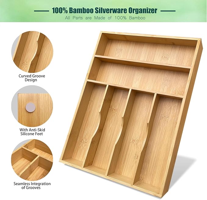 Bamboo Kitchen Drawer Organizer, 11.6" W x 17" H Silverware Utensil Tray Holder, Wood Cutlery Tray for Silverware, Flatware, Bedroom, Organization of office supplies