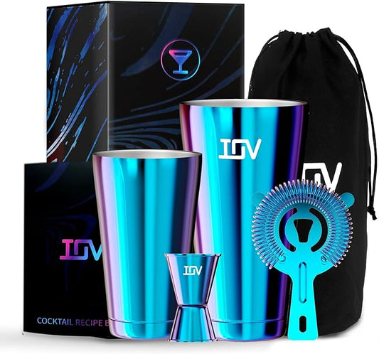 IOV Boston Cocktail Shaker Bar Set, Bartender Kit Drink Mixer Set with 18 oz & 28 oz Boston Shakers, Hawthorne Strainer, Double Jigger, Bar Tool Kit and Recipe Booklet - Rainbow