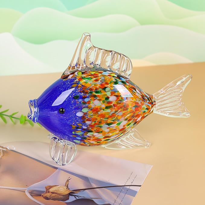9.4 in Blown Colored Glass Fish Statue, Blue Glass Fish Paperweight Sculpture for Modern Home Decor, Living Room Coffee Table, Office Desk, Dining Table Centerpiece, and Window Display (G)