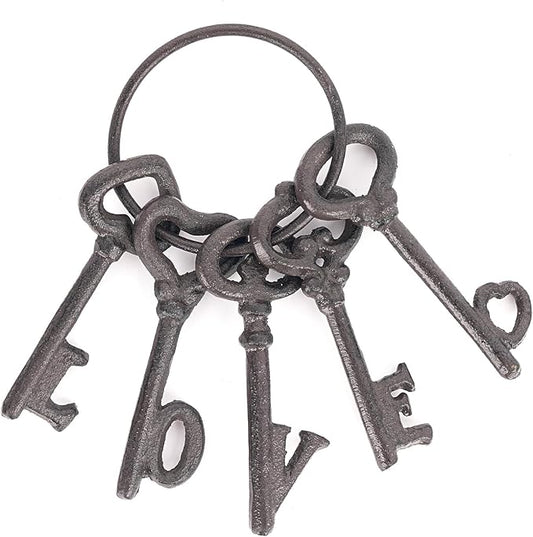Sungmor Vintage Cast Iron Decorative Keys - Rustic Key Wall Decor, Farmhouse Metal Key Ring Accent - LOVE Word Design with Antique Skeleton Keys, Gift for Home & Garden, Halloween Prop