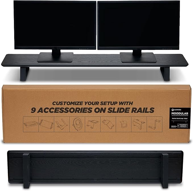 Moodular Wooden Monitor Stand 45.6” (116cm) Large Desk Organizer with Metal Slide Rails for Drawer, Tray, Laptop, Tablet, Phone & Headphones Customizable Riser for Organized Workspace Black