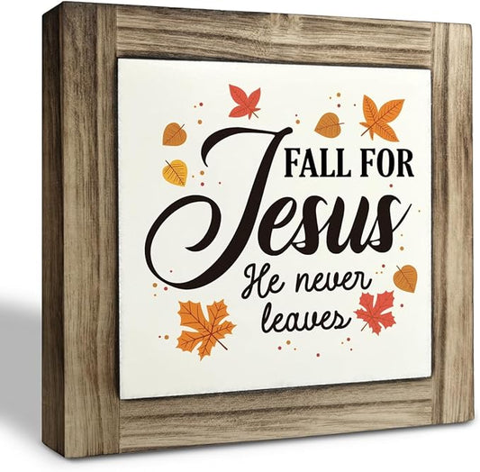 Rustic Wood Sign, Fall Decor, Box Wood Plaques Desk Décor, Maple Leaves Decor, Tabletop Decoration, Shelf Decorative, Decorative Plaques and Signs, Farmhouse Style Home Decoration, Fall for Jesus He Never Leaves