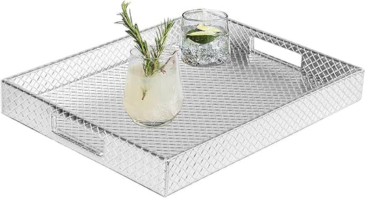 HofferRuffer Rectangle Serving Tray with Hole Handles for Coffee Table, Breakfast, Tea, Food, Butler - Countertop, Kitchen, Vanity Serve Tray, 16.2 x 12.2 x 2 inches, Faux Leather (Silver)