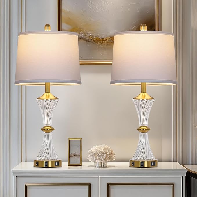 Crystal Glass Table Lamp Set of 2 with USB C+A Ports & AC Outlet, White Lamp, Modern Bedroom Lamps, Gold Lamp for Night Stands Bedroom Living Room,Nightstand Lamp LED Bulbs Included