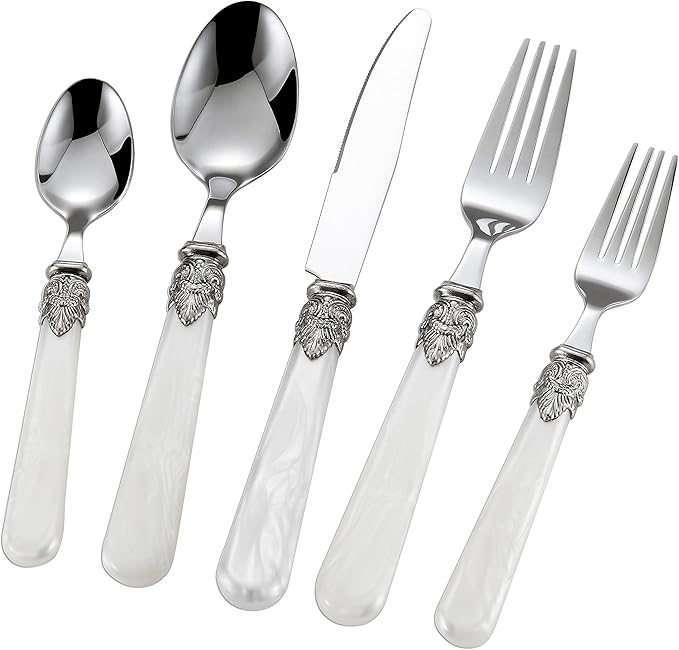 REVERIE Collection 18/10 Stainless Steel Vintage Flatware set,Sliverware set,Dishwasher safe (45, Pearl White)
