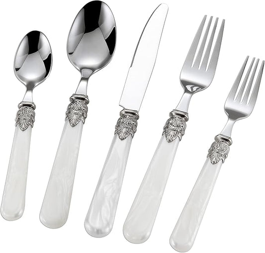 REVERIE Collection 18/10 Stainless Steel Vintage Flatware set,Sliverware set,Dishwasher safe (45, Pearl White)