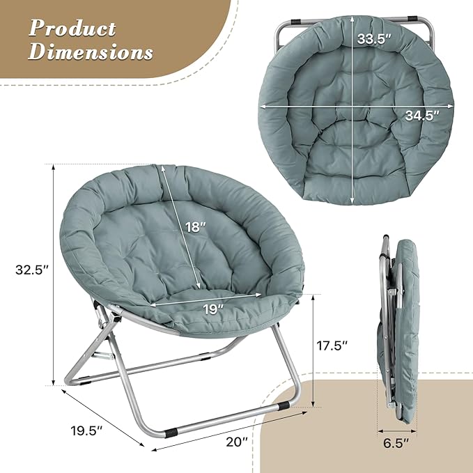 Athena Collection Comfy Saucer Chair, Folding Oversized Cozy Chair for Bedroom Living Room Fabric Reading Chair, Foldable Metal Frame Round Moon Chair for Adult Set of 2, Teal
