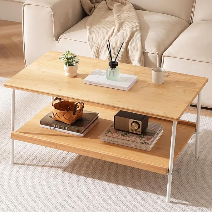 Bamboo 2 Layer Coffee Table - Tier Storage Mid Century Modern Farmhouse Center Table for Living Room, Bedroom, Office, Patio(Natural)