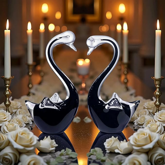 Black Swan Glass Figurines Set - 7.5" L x 3.9" H Weatherproof Hand Blown Glass Art, Indoor/Outdoor Decor, Pair of 2 - Perfect Garden Art, Home Shelf Display & Gift for All Occasions