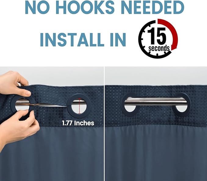 Navy Blue Stall No Hook Shower Curtain with Snap in Liner,230GSM Waffle Weave Shower Curtains for Bathroom,54W x 80H