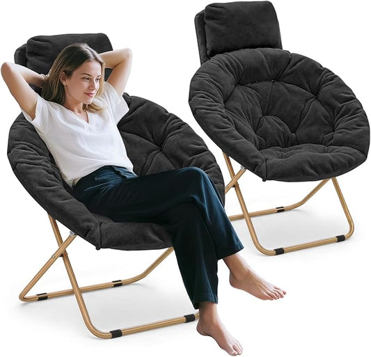 Athena Collection Comfy Saucer Chair with Headrest, Set of 2 Oversize Round Cozy Chair Folding Chair Faux Fur Metal Frame Foldable Reading Chair Accent Chair for Bedroom Living Room, Black