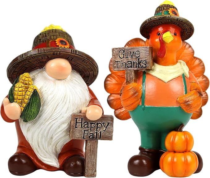 Thanksgiving Gnome Figurine 2 PCS Fall Harvest Turkey Decoration Autumn Tabletop Give Thanks Decor Indoor Holiday Collectible Statue for Women Men Kids