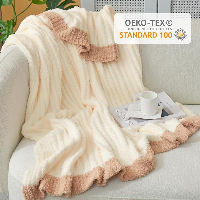 Snuggle Sac Buttery Soft Throw Blanket for Couch, Luxurious Fluffy Cozy Knit Ribbed Throws Dupes for All Season, Reversible Warm Microfiber Blankets for Couch, Sofa, Travel, Cream, 50x60 inches