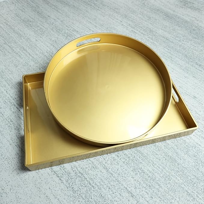 Spsyrine Round Gold Decorative Tray, 13" Plastic Serving Table Tray with Handles for Breakfast, Round Modern Ottoman Tray for Coffee Table, Bathroom, Kitchen, Living Room