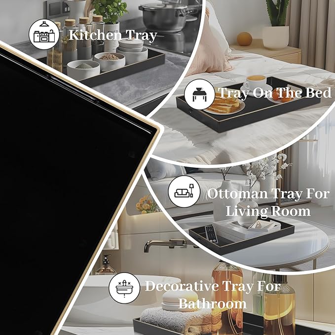 MAONAME Black Decorative Tray for Coffee Table, Modern Serving Tray with Handles, Plastic Rectangular Tea Tray for Ottoman, Bathroom Decor, 15.8” X 10.2” x1.4