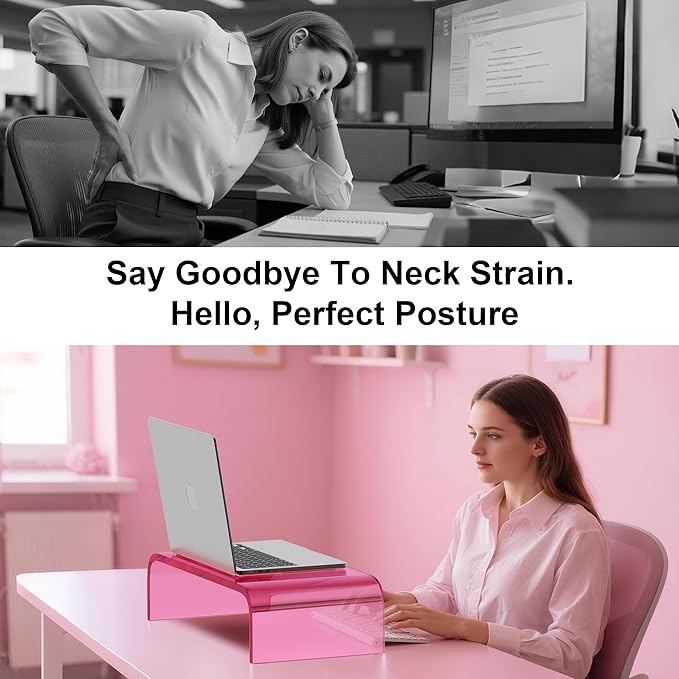 Acrylic Monitor Stand Riser Acrylic Laptop Stand for Desk Clear Computer Monitor Stand for Desk Accessories iMac Organizer Office Must-Haves Product for Working from Home Bright Pink