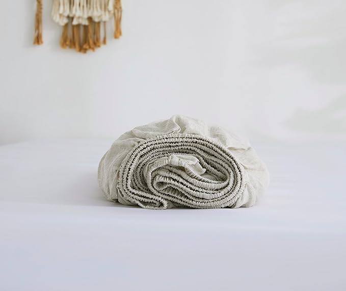 100% Linen Fitted Sheet King(1 Piece), 15 Inch Deep Pocket Mattress Cover French Flax Stone Washed Farmhouse Soft Breathable Bottom Sheets(Natural Linen, King)