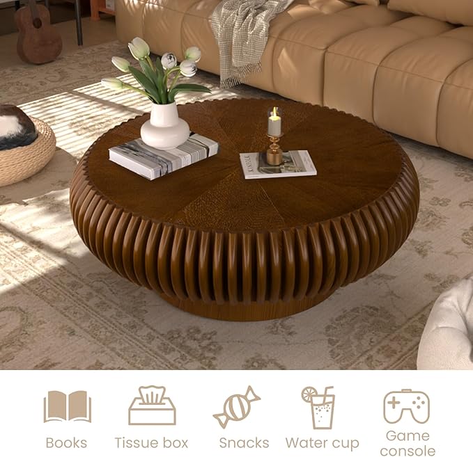 Fluted Drum Coffee Table Round Coffee Table for Living Room Mid Century Modern Coffee Tables with Sturdy Pedestal Circle Center Tea Table Accent Tea Table for Small Space Apartment (31.5" Walnut)