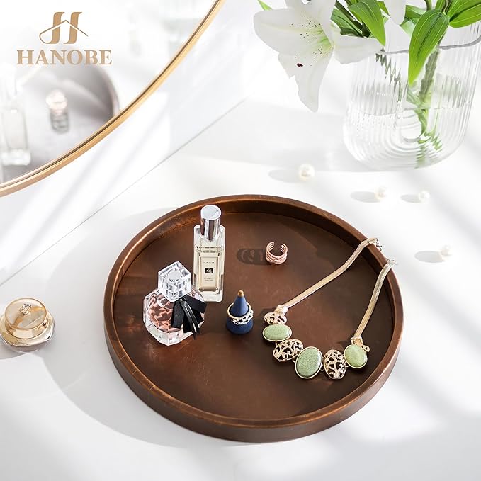 Hanobe Decorative Tray Round Serving: Faux Leather Coffee Table Trays Decor 12 inch Small Brown Circle for Bar Ottoman Party Modern Home Kitchen Counter Centerpiece