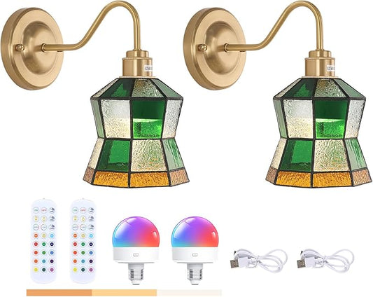 Vintage Battery Operated Wall Sconce Set of 2 with Remote, Rechargeable Wall Lamp 3 Colors Dimmable, Brass Lights Fixture for Bedroom Bathroom Living Room Hallway Polygonal Checker
