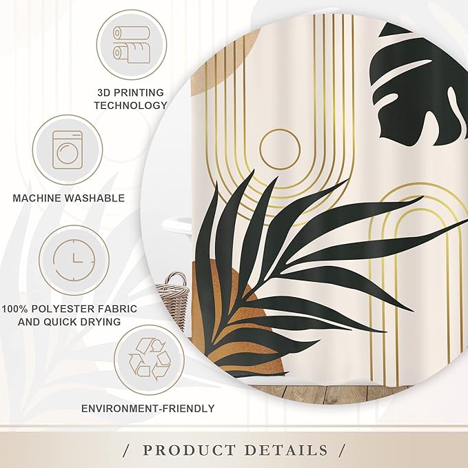 Glawry Boho Mid Century Shower Curtain 60Wx72L Inches Abstract Tropical Palm Leaves Modern Minimalist Plant Botanical Geometric Bathroom Aesthetic Bath Accessories Art Home Decor Fabric 12 Pack Hooks
