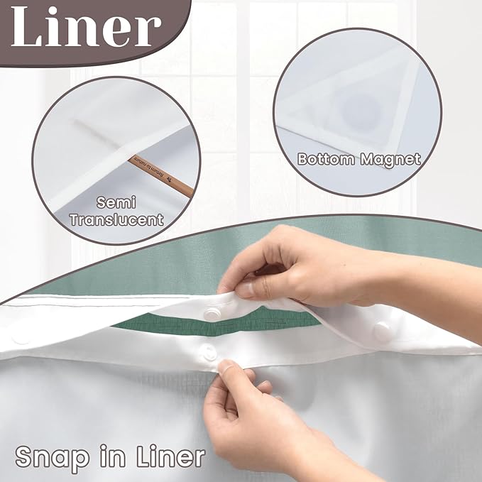 No Hook Slub Textured Shower Curtain with Snap in Liner - Peacock Blue Fabric Outer Curtain & Waterproof Inner Liner, Hotel Style with See Through Top Window, 71x74 in