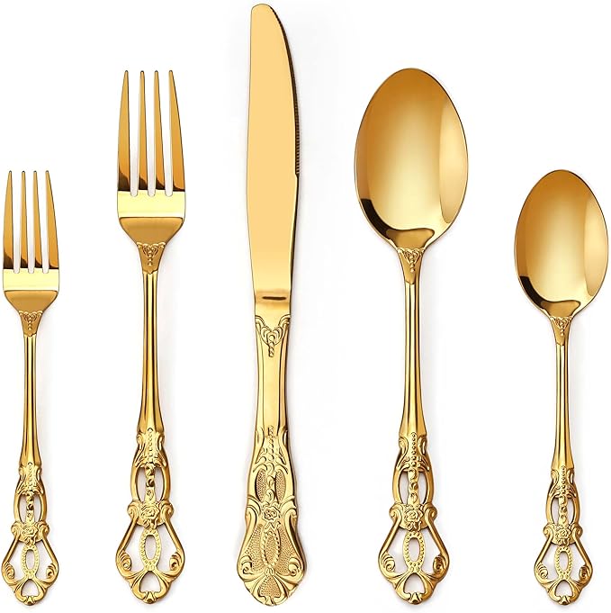 Silverware Set, 30 Pieces Retro Royal Silverware Set for 6, Anti-rust Stainless Steel Flatware Set Including Fork Spoon and Knife, Dishwasher Safe, Gold
