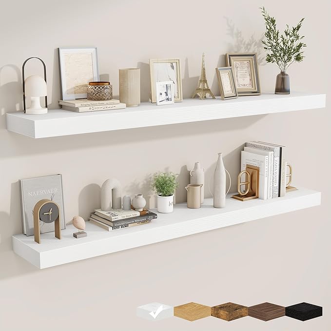 fuqing Floating Shelves for Wall, Bathroom Shelf Wall Mounted for Storage, Shelves with Invisible Bracket for Bedroom, Kitchen, Living Room, Farmhouse Small Book Shelf, 55 Inch Set of 2, White