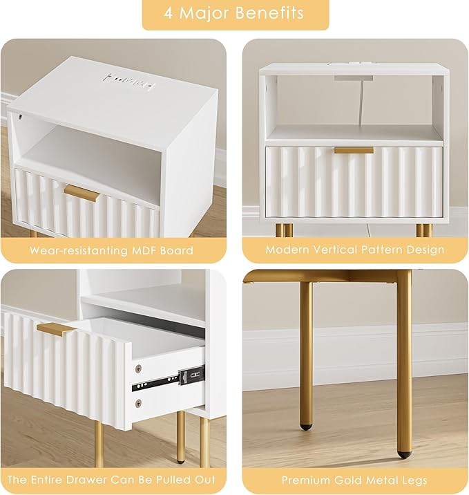 Masupu Nightstand with Charging Station,Mid-Century Modern Bedside Table with Storage Drawer and Open Wood Shelf,Small Gold Frame Side Table for Bedroom,Living Room (White Fluted)