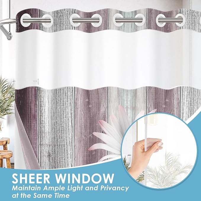No Hook Flower Daisy Shower Curtain with Snap in Fabric Liner Set, Pink Rustic Farmhouse Double Layers Waterproof Fabric with See Through Top Window Open Grommet Bath Curtain 71x86 Inch