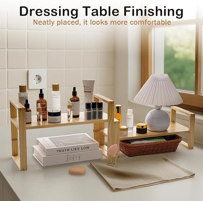 Upgraded Desktop & Off-Surface Shelves, No Tools Assembly Interlocking Joints for Enhanced Stability, Solid Pine Wood, 130lb Load Capacity for Office, Books, Bathroom Storage