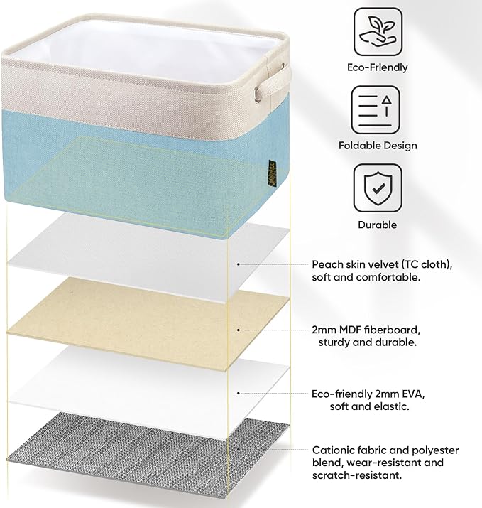 BALEINE 2 Pack Fabric Storage Bins for Shelves, Linen Storage Baskets for Organizing, Decorative Closet Bins for Clothes, Home (Skyblue, 12"x8"x8")