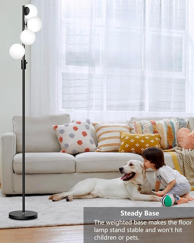 Lightdot 64IN Dimmable (Brightness Adjustable) Globe Floor Lamp, Black Standing Lamps with 4PCS 3000K G9 Bulbs Soft Warm White Eye Care, Mid Century Modern Floor Lamp for Living Room