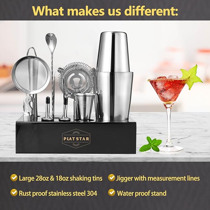 Mixology Bartender Kit | Home Bar Set Cocktail Shakers Bartending Kit | Bar Tools Boston Shaker Set with Stand | Professional Drink Mixing Martini Shaking Tins Barware Set w/Strainer