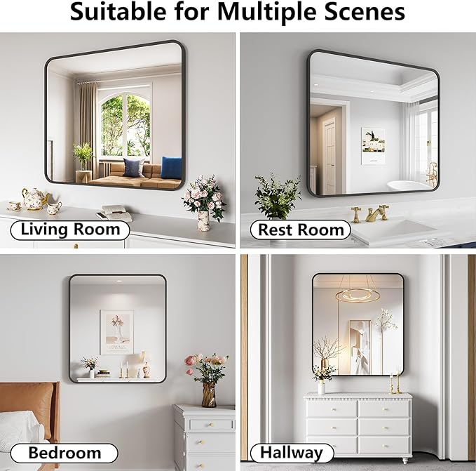 Koonmi Bathroom Mirror, 36X40 Inch Black Metal Framed Mirror for Bathroom, Tempered Glass, Anti-Rust, Rounded Rectangle Mirror for Restroom, Bedroom, Black