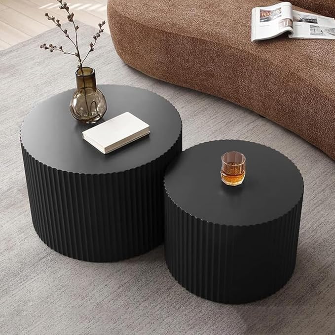 Round Nesting Coffee Table Set of 2 Small Round Coffee Tables for Living Room Modern Fluted Coffee Table Circular End Table Side Table for Small Spaces No Assembly (Black A, 27 in)