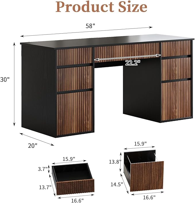 4 EVER WINNER Black Desk with Drawers, 58" Executive Office Desk with 7 Drawers and Hidden Handle, Computer Desk with File Cabinets for Living Room Study Table for Bedroom, Black
