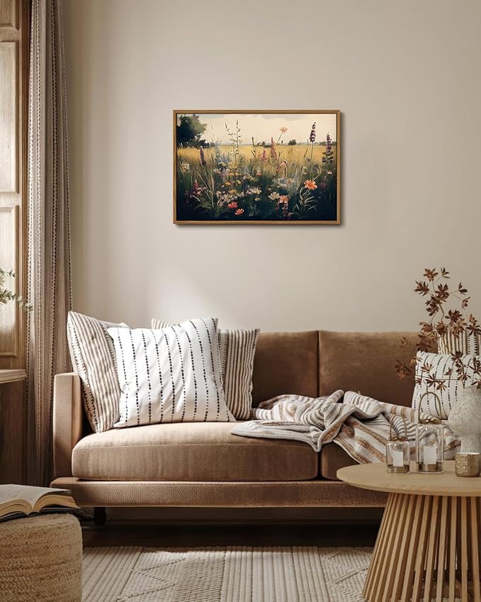 KISSFOX Vintage Wildflower Field Canvas Wall Art Spring Farmhouse Landscape Floral Framed Wall Art Rustic Cottagecore Colorful Botanical Art Prints Artwork For Living Room Bedroom Kitchen