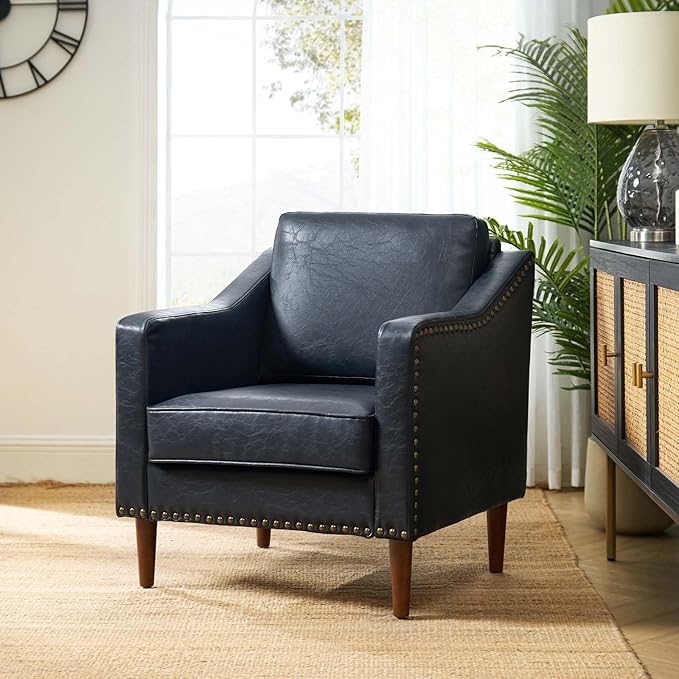 HULALA HOME Faux Leather Accent Armchair with Back & Seat Cushions, Traditional Club Chair with Nailhead Trim, Comfy Upholstered Sofa Chair for Living Room Bedroom, Navy