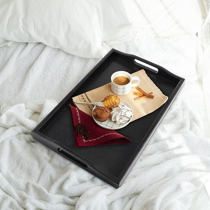 Plastic Serving Tray with Handles, 16.5" x 10.6" Rectangular Ottoman Tray for Meals, Decor or Party, Buffet, Coffee Table, Kitchen, Restaurant (Black)