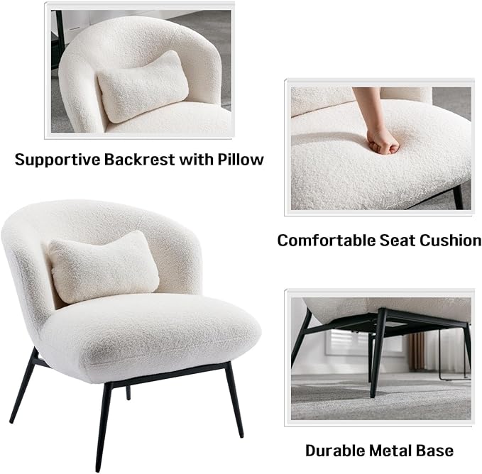 DUOMAY Modern Accent Chair, Sherpa Upholstered Leisure Boucle Single Sofa Lounge Chair with Lumbar Pillow Metal Legs Slipper Chair for Living Room Bedroom Office, White