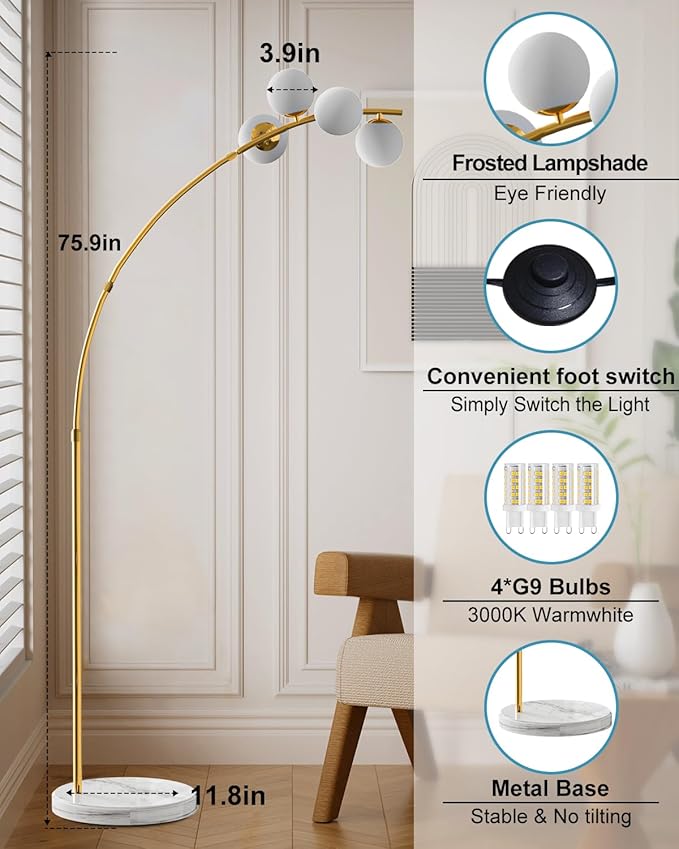 Lightdot 63IN Gold Floor Lamp Dimmable 4-Lights Globe LED Floor Lamps with 3000K Soft Warm Golden for Wedding/Party, Modern Tall Lamp for Living Room/Bedroom (Bulbs Included)