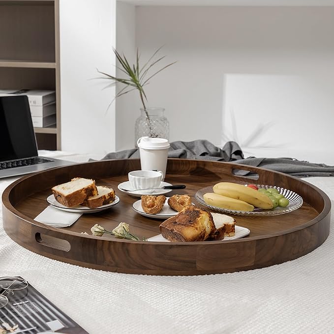 30 x 30 inches King Sized Round Ottoman Table Tray, Oversized Solid Wooden Black Walnut Decorative Serving Tray with Handles, Extra Large Circle Platter for Oversized Ottoman Bed